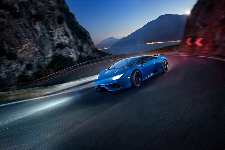 blue Lamborghini Huracan, novitec torado, side view, car, speed, HD wallpaper