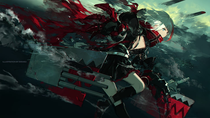 woman with heavy weapon anime character illustration, water, ship