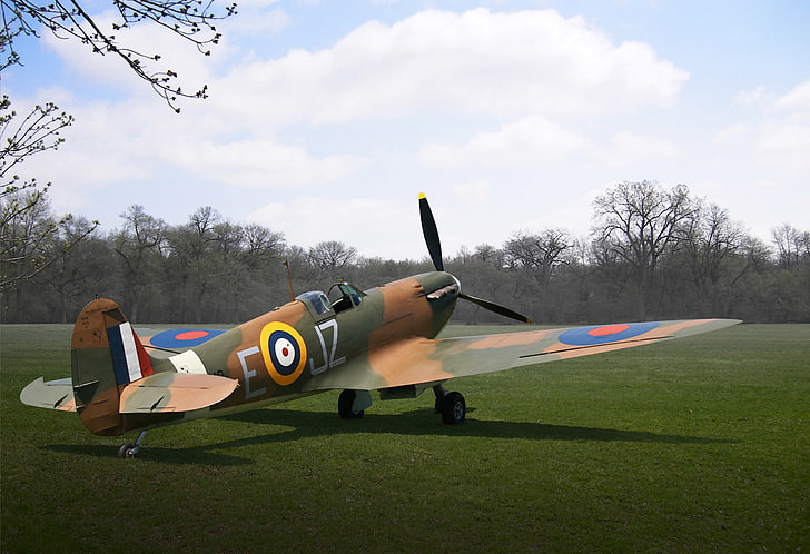 field, grass, figure, art, the plane, WW2, the English fighter, HD wallpaper