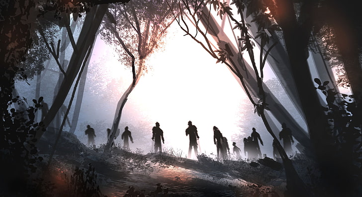 tall trees and zombies painting, fantasy art, forest, mist, group of people