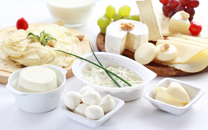 assorted foods, milk, cheese, grapes, nuts, herbs, dairy Product