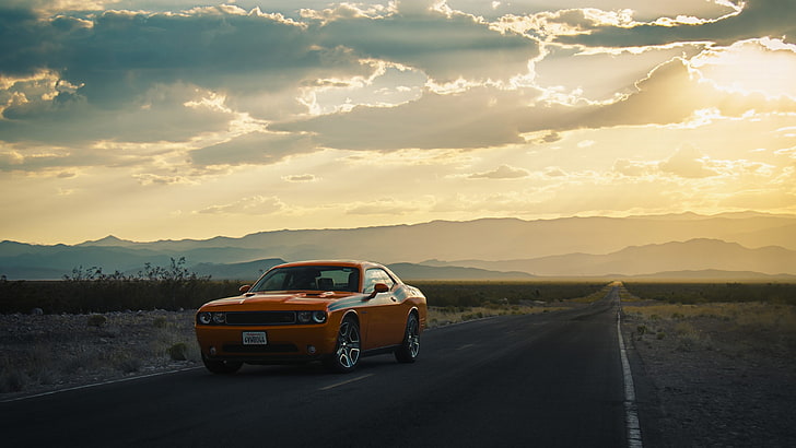 brown sports car, photography, Dodge Challenger, road, orange cars