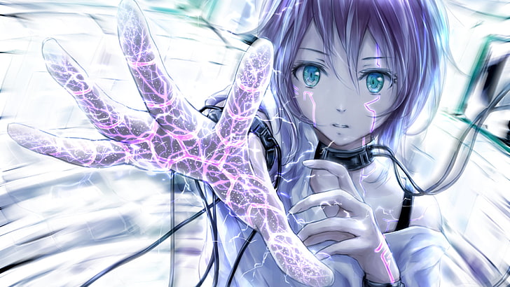 female anime character wallpaper, anime girls, hands, wires, futuristic