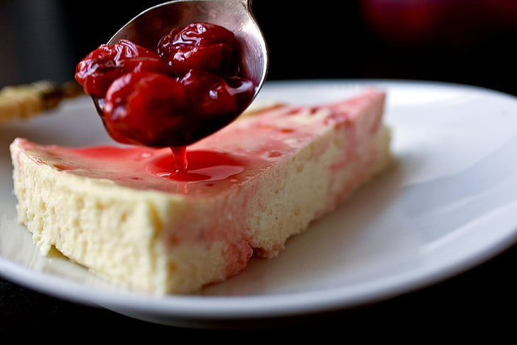 Cheesecake, cherries, food, food and drink, plate, dessert, HD wallpaper