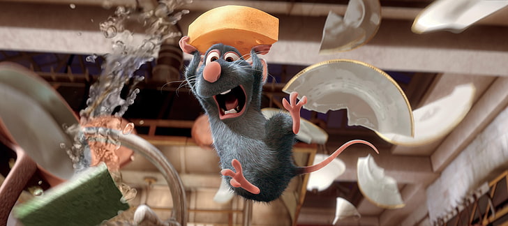 Disney Pixar Ratatouille, cartoon, mouse, broken plates, animal
