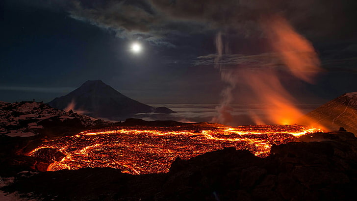 volcanic eruptions, sky, volcanic landform, volcano, geological phenomenon, HD wallpaper