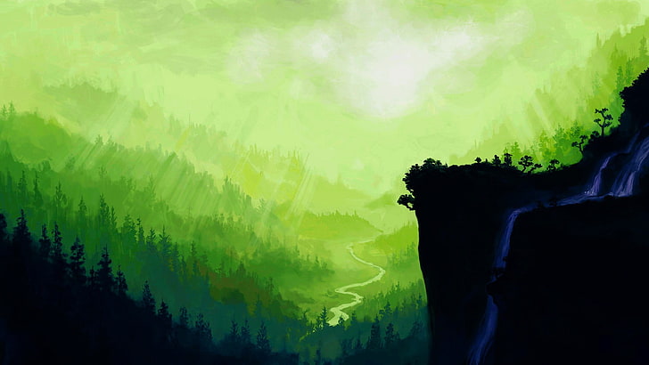 green mountains illustration, fantasy art, nature, waterfall