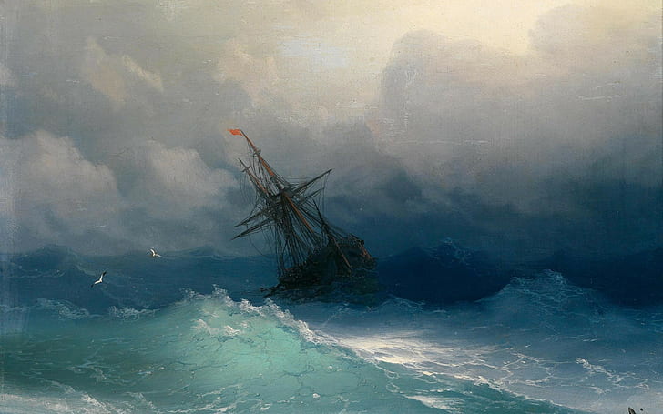 Classic Art, Ivan Aivazovsky, painting, sea, Seagulls, ship