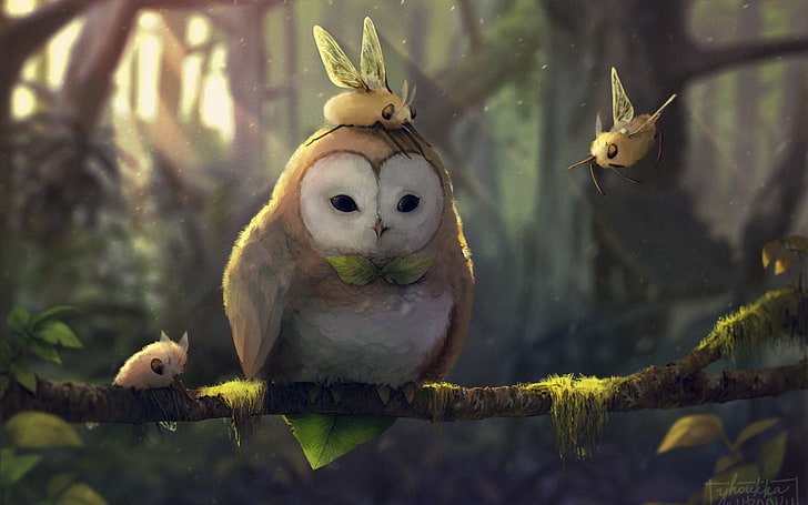 owl on tree illustration, fantasy art, artwork, Pokémon, Rowlet (Pokémon)