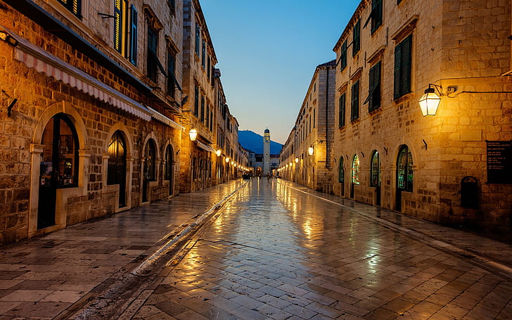 Dubrovnik, Croatia, sunrise, footpath, lights, house, brown pathway between high rise building