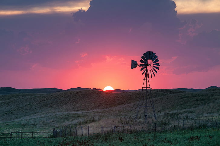 windmill surrounded with green grass, nebraska, nebraska, Sunset, HD wallpaper