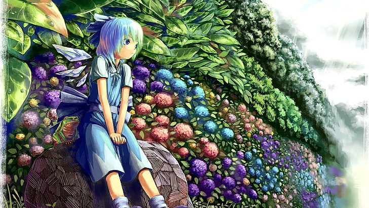 anime, blue hair, looking away, Cirno, flowers, Touhou, multi colored, HD wallpaper