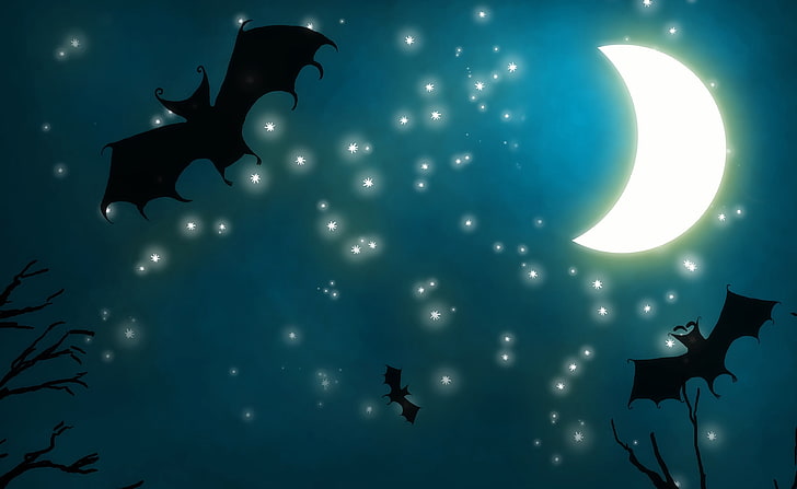 Halloween Night, three bat under crescent moon wallpaper, Holidays