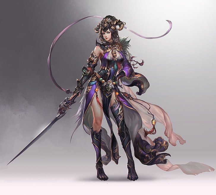 female character with sword, studio shot, adult, one person, colored background