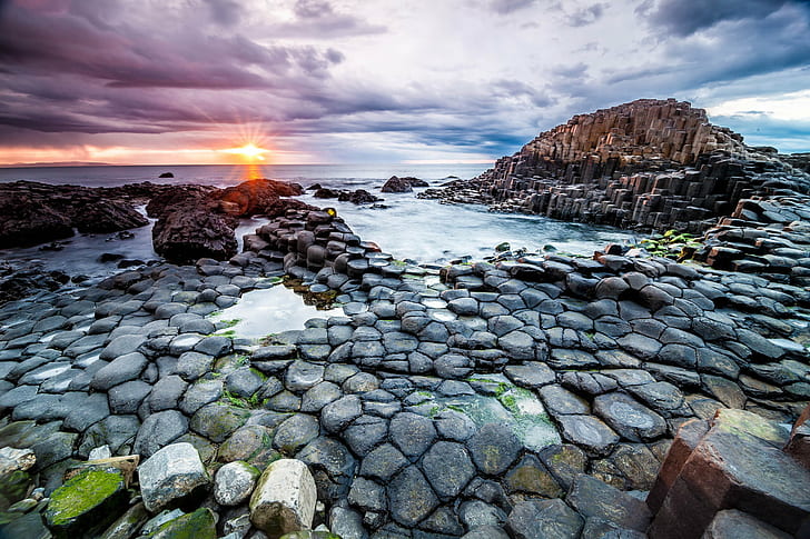 gray stones on body of water during sun set, Giant's Causeway