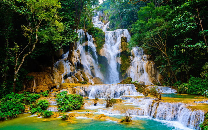 Kuang Si Falls Cascading Waterfall In Laos Known As Wat Kuang Si Waterfalls Picturesque Landscape Hd Wallpaper For Desktop 2560×1600, HD wallpaper