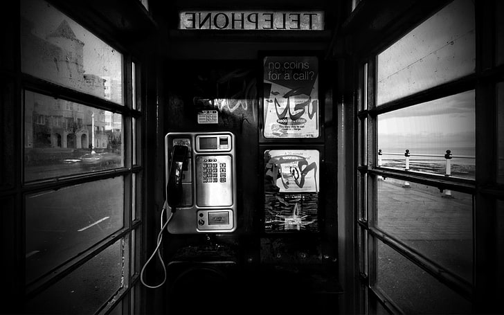 black telephone, booth, black white, city, black And White, technology, HD wallpaper