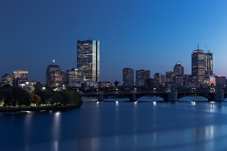 Boston, city, lights, water, bridge, reflection, skycrapers, HD wallpaper