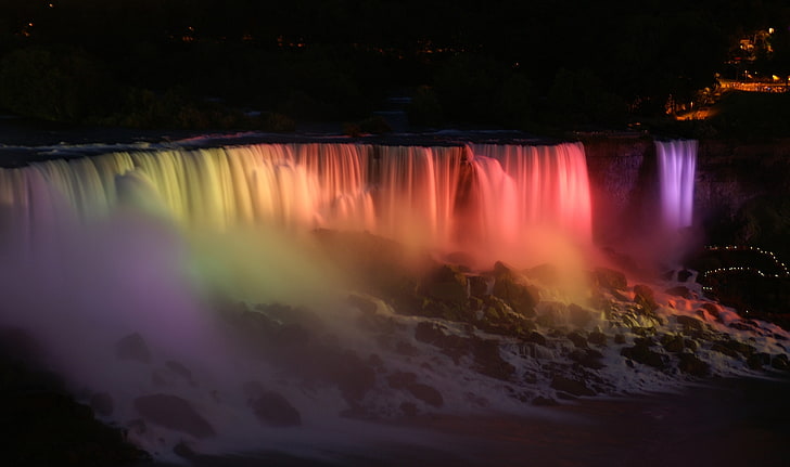 water falls with lights, Niagara Falls, waterfall, rainbows, night