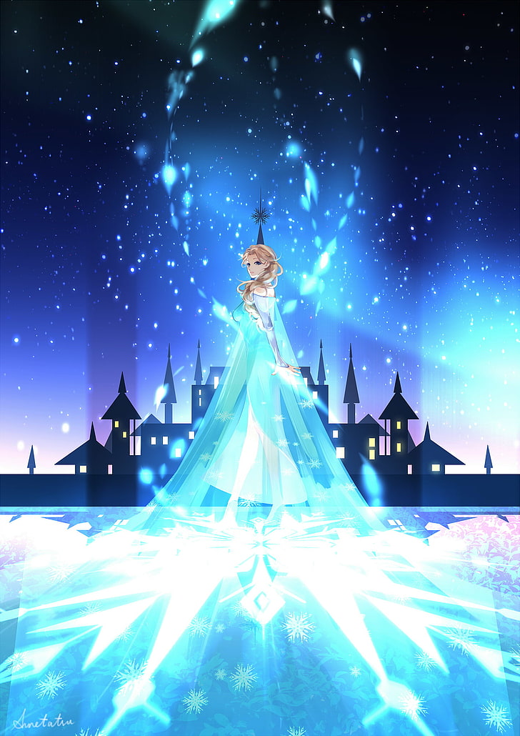 cartoon, Frozen (movie), Princess Elsa, fan art, night, illuminated, HD wallpaper