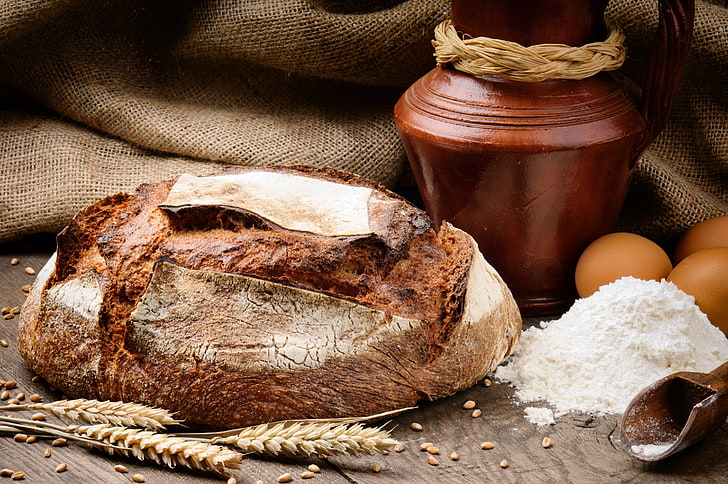 bread and eggs, flour, wheat, loaf of Bread, food, bakery, brown