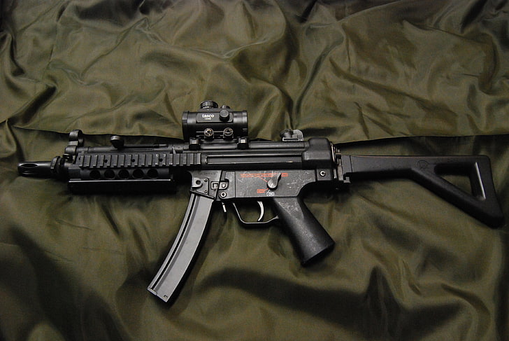 black rifle, weapons, the gun, MP5, SIG Sauer, military, indoors, HD wallpaper