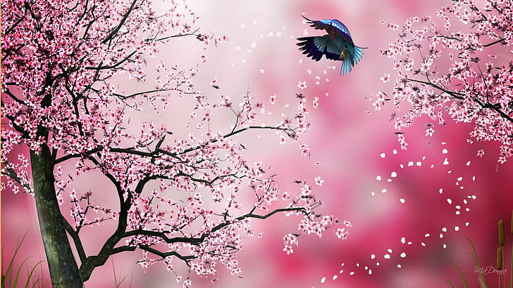 Sakura Pink, blue teal and red bird and pink cherry blossoms illustration