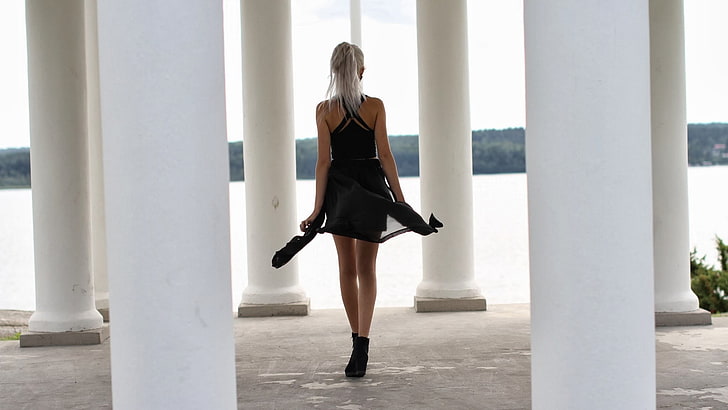 women's black dress, skirt, behind, back, white hair, Miranda Hedman