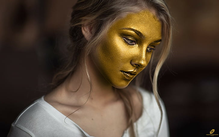gold, face, women, body paint, face paint, Alice Tarasenko