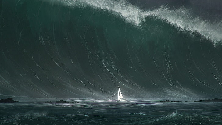 ocean wave illustration, water, waves, sailboats, sea, beauty in nature, HD wallpaper