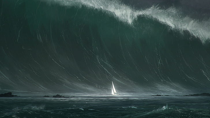 Water, Waves, Tsunami, Sailboats, HD wallpaper