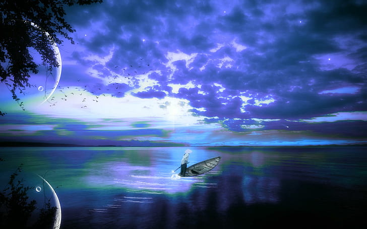 Silent Waters, lake, fantasy, cloud, blue, 3d and abstract, HD wallpaper
