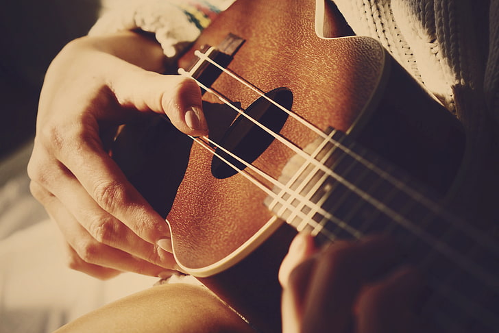 brown ukulele string instrument, guitar, hands, fingers, music