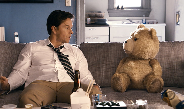 Ted movie poster, sofa, bear, Mark Wahlberg, The third wheel