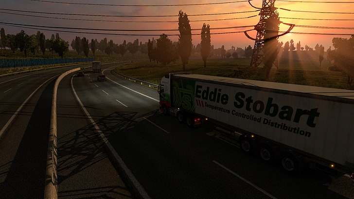 black and gray metal tool, Euro Truck Simulator 2, sunset, lorry