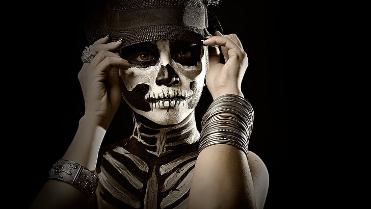 silver-colored bangles, women, body paint, face paint, Sugar Skull, HD wallpaper
