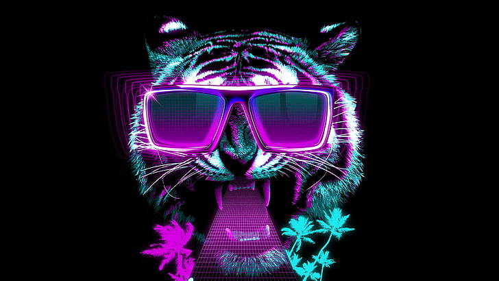 tiger, sunglasses, neon, graphic design, retrowave, eyewear, HD wallpaper