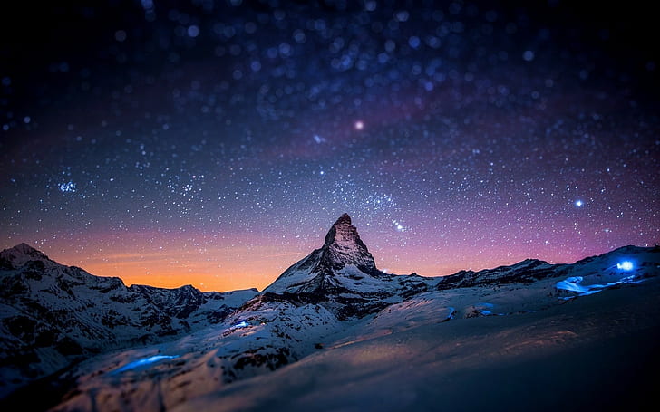 landscape space snow zermatt rock winter mountain tilt shift night matterhorn bokeh stars starry night switzerland, HD wallpaper