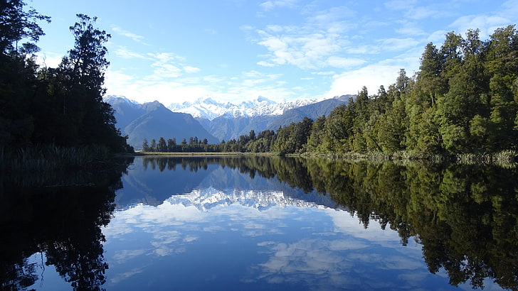 body of water, landscape, lake, snowy peak, New Zealand, Lake Matheson