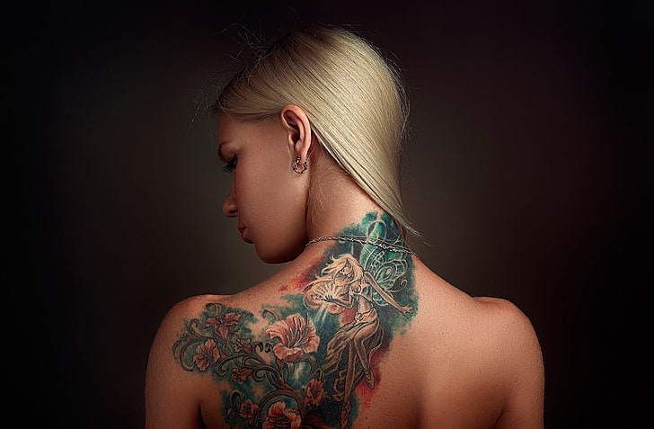 blonde, tattoo, women, model, portrait, one person, studio shot, HD wallpaper