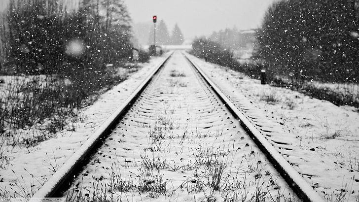 railway, snow, winter, snowing, railroad track, overcast, transportation, HD wallpaper