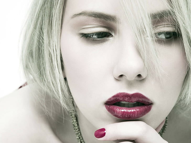 Scarlett Johansson, women, face, painted nails, lipstick, makeup