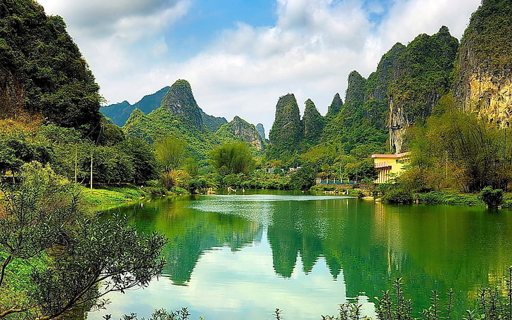 body of water, lake, nature, landscape, green, reflection, mountain, HD wallpaper