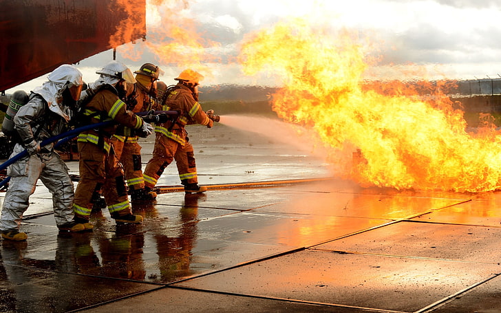 men's orange firefighter uniform, workers, Drill, water, burning