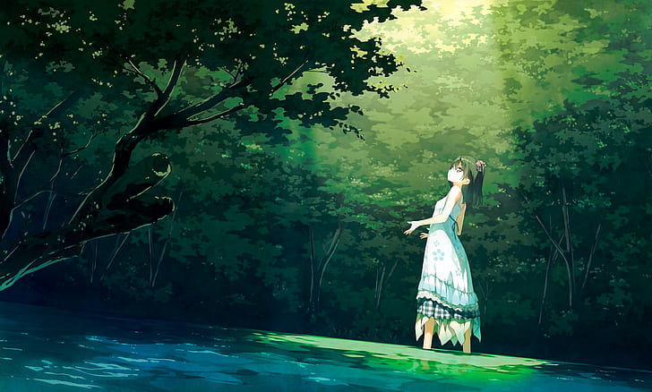 landscape, trees, dress, black hair, forest, green, original characters, HD wallpaper