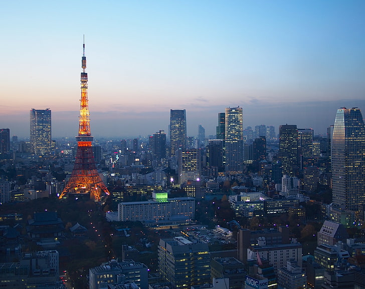 Blue Hour Over Tokyo, city buildings, Asia, Japan, Night, Tower, HD wallpaper