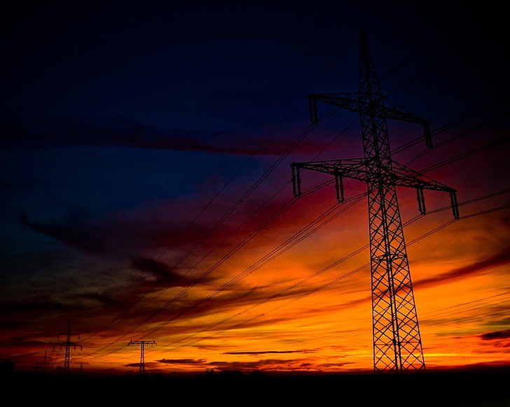 sunset, power lines, silhouette, utility pole, fuel and power generation, HD wallpaper
