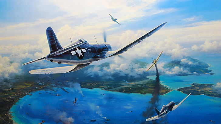 four gray airplanes wallpaper, figure, art, Corsair, F4U, nicolas trudgian, HD wallpaper
