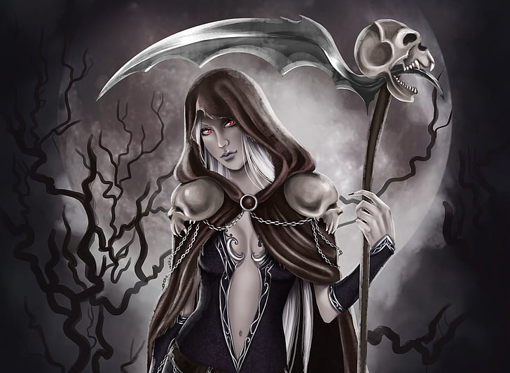 female grim reaper wallpaper, girl, skull, art, braid, cloak