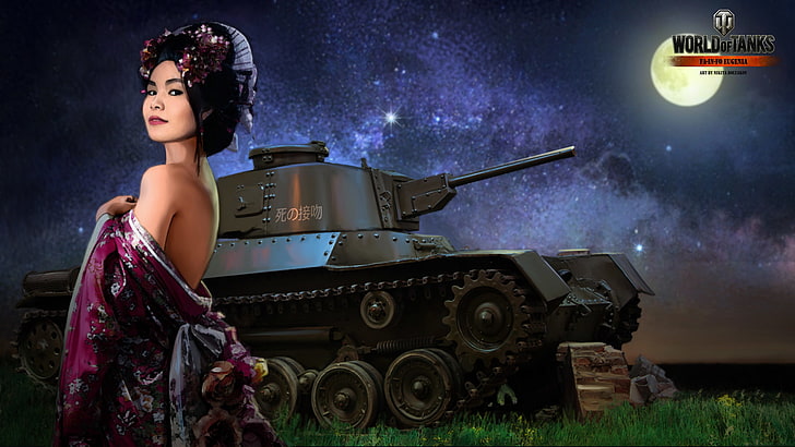 girl, night, the moon, Japan, tank, tanks, WoT, World of Tanks HD wallpaper